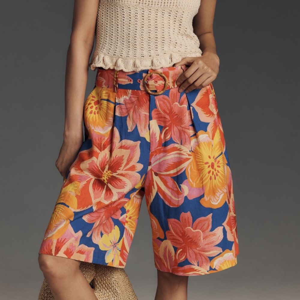 Farm Rio x Anthropologie Linen Blend Belted Bermuda Shorts. Size L. MSRP $188